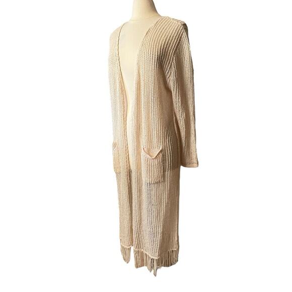POL Open Knit Long Duster Cardigan Fringe Hem Cream Boho Large Pockets Western - Picture 2 of 8